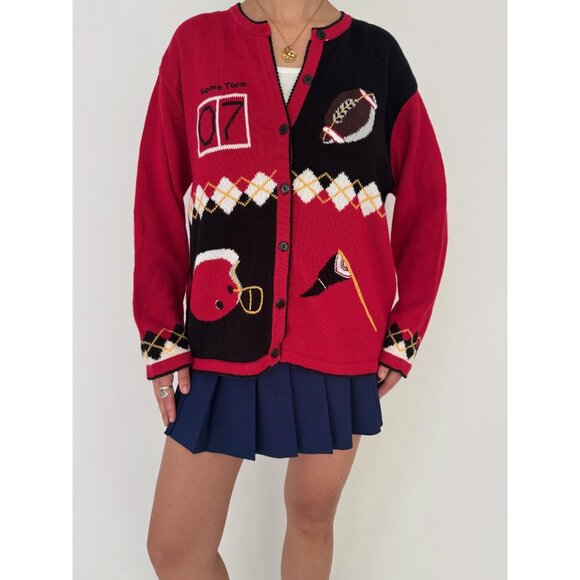 90s vintage red novelty football argyle print embroidered knit cardigan large XL - Picture 2 of 10
